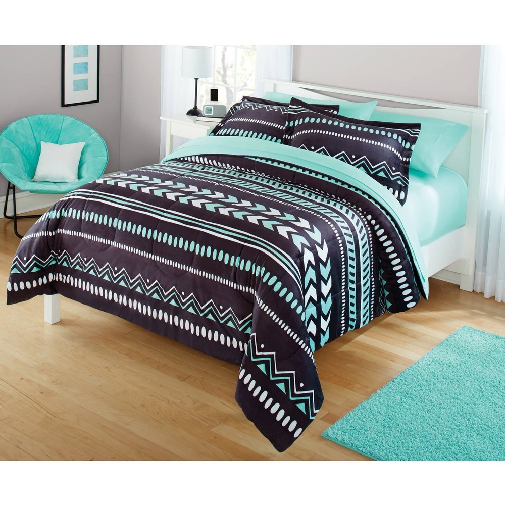 Your Zone Comforter Set Full Queen Mint Gray Tribal 3 Piece Bedding